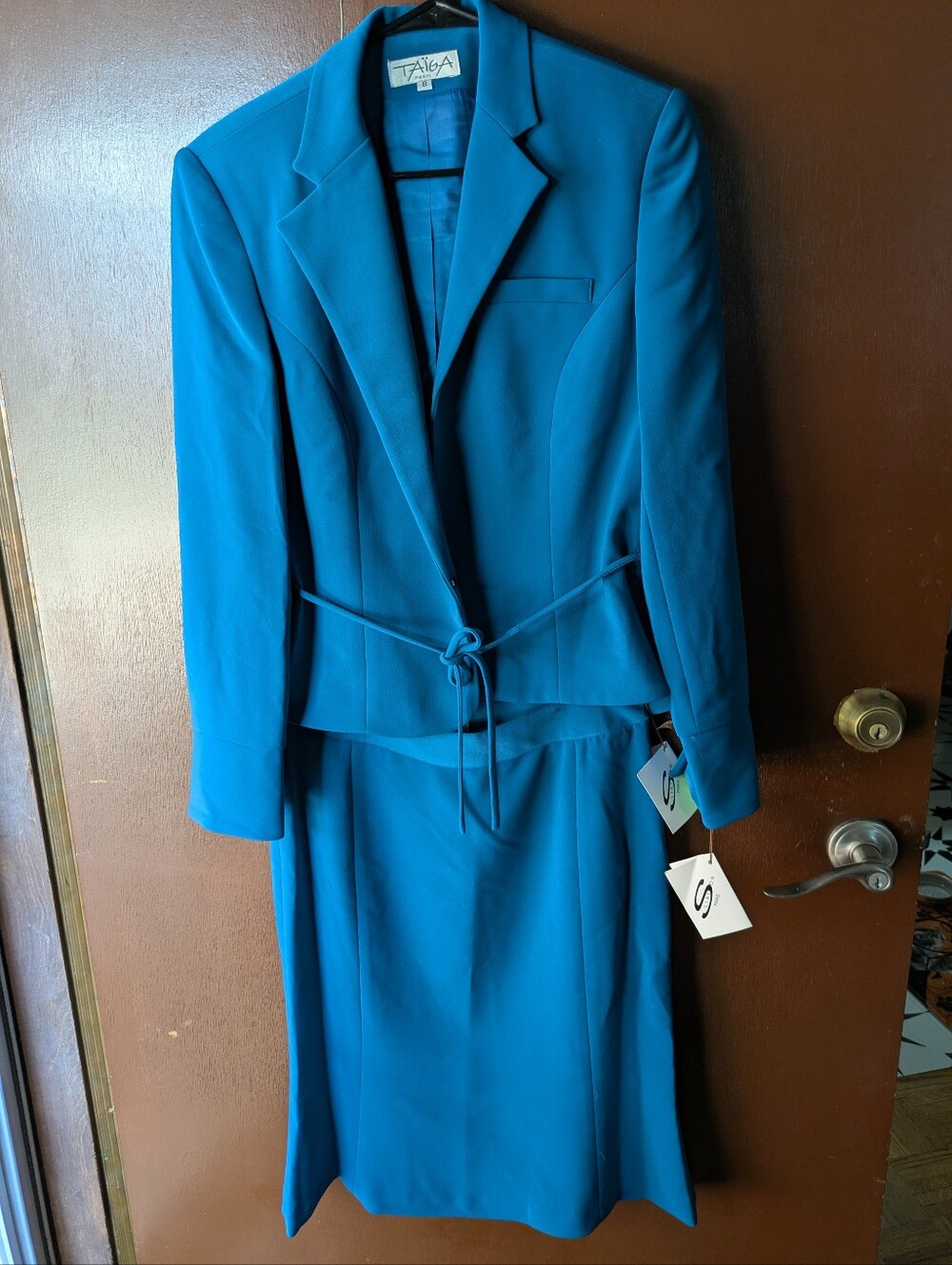 Vintage Taiga Teal Two-Piece Skirt Suit with Waist Tie Size 8
